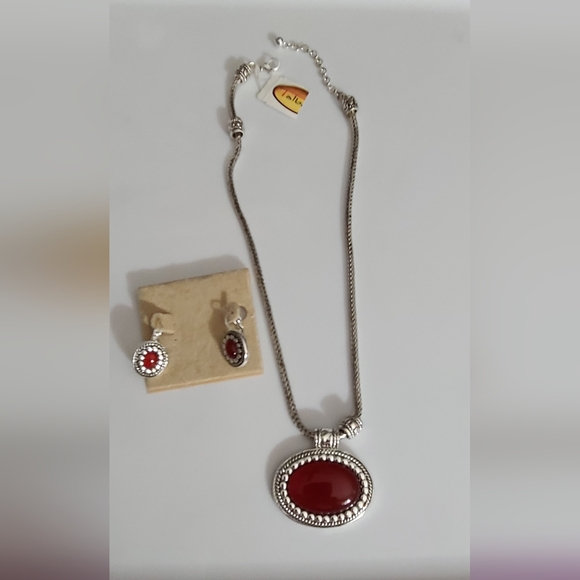 NWT Talbots necklace earrings set Bali silver red wheat chain NOS lucite - Picture 2 of 11